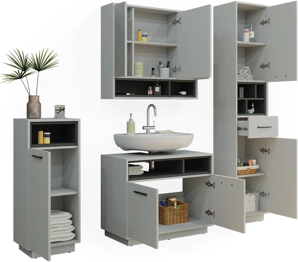 Set di mobili da bagno Beatrice, Grigio, 80 cm, composto da mobile lavabo, pensile a specchio, colonna e base media