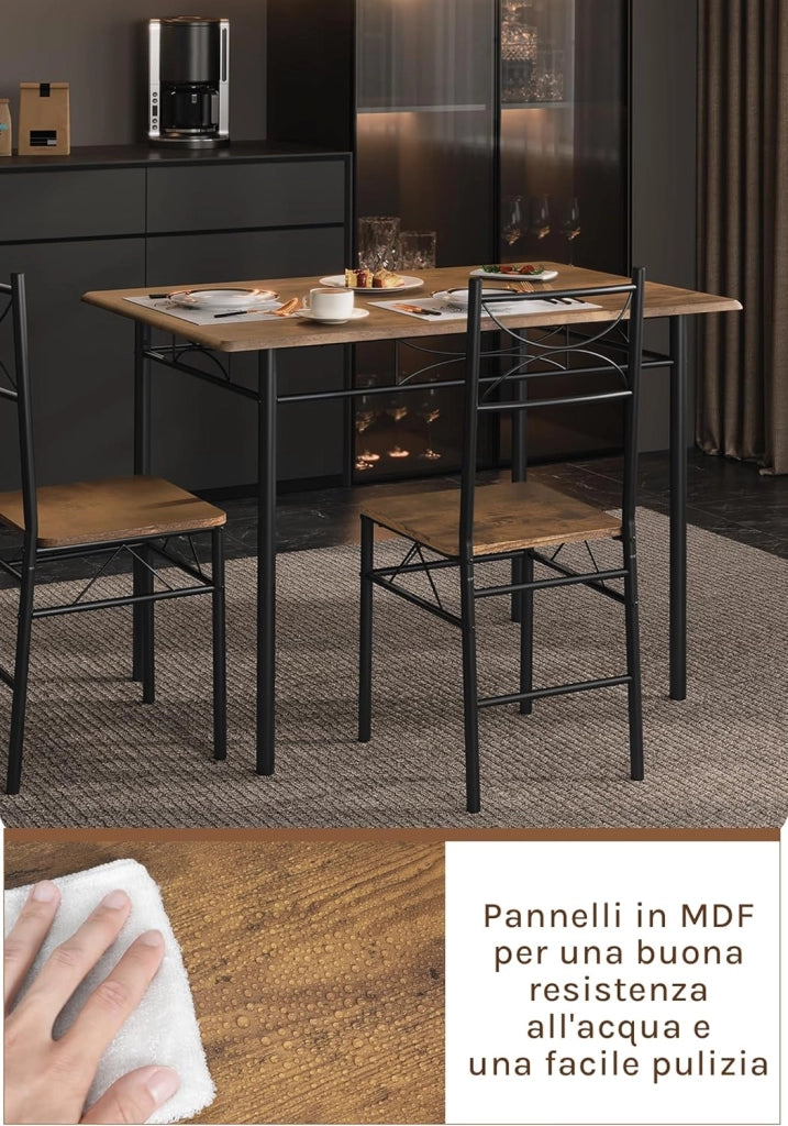 Set da Pranzo per 4 Persone, Tavolo Industriale con 4 Sedie, MDF e Struttura in Metallo, Facile da Montare e Pulire,Marrone Rustico + Nero