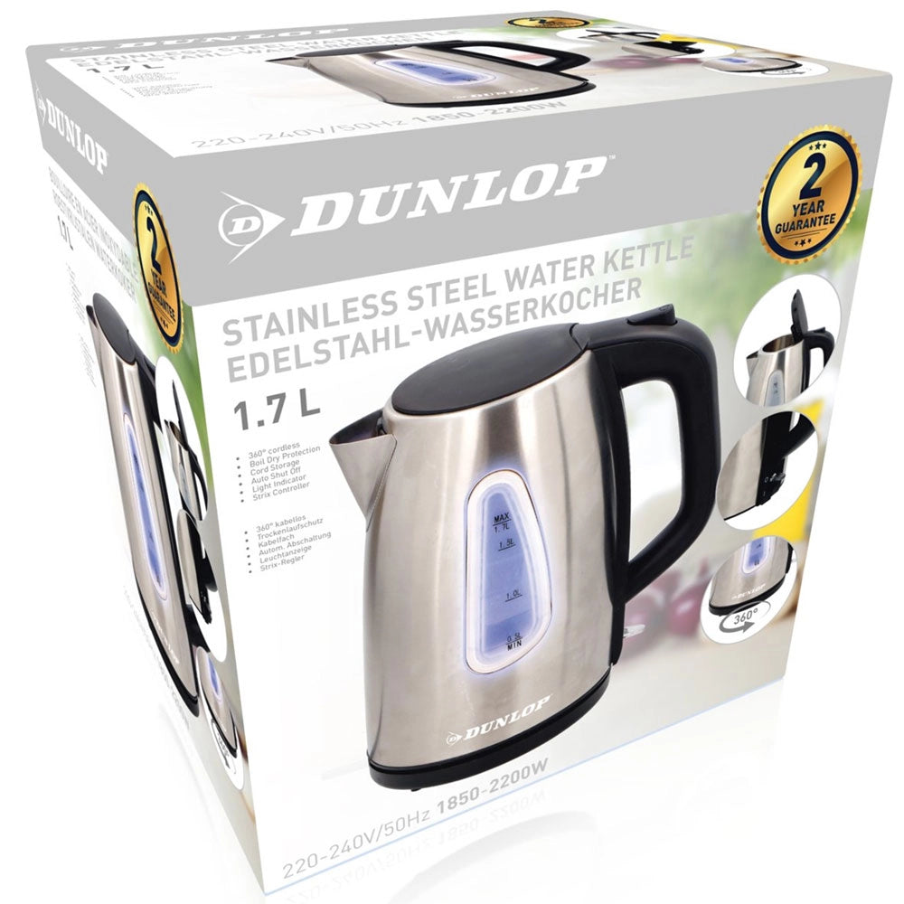 Bollitore Elettrico 1,7Lt 2200W Acqua Calda Acciaio Cordless con Luce LED Dunlop