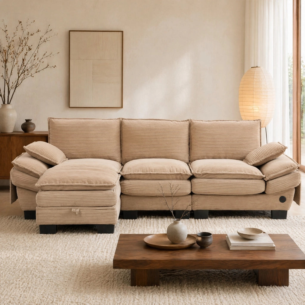 DIVANO 3 posti con pouf 260x132x84 cm in corduroy khaki con USB-C