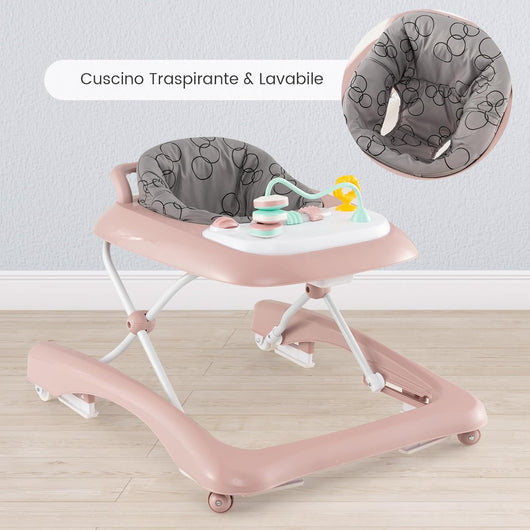 3 in 1 Girello per Bambini, Girello Pieghevole per Bambini, con 3 Altezze Regolabili, Sedile Imbottito e Piatto Giocattolo Rimovibile, Girello a Spinta con Ruote, per Bambini 6+ Mesi (Rosa)