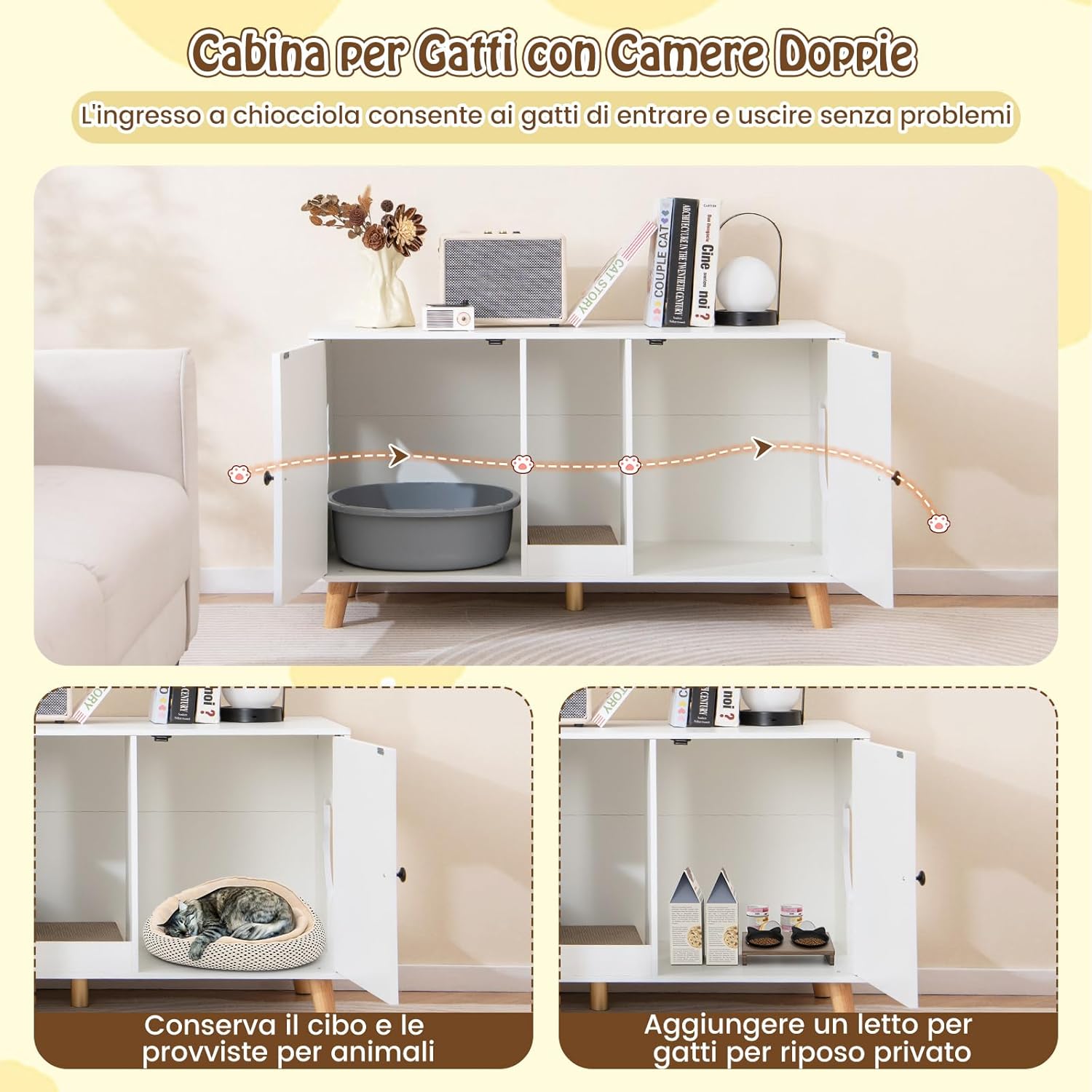 Lettiera Chiusa per Gatti 108 x 50 x 60 cm, Mobile per Lettiera Nascosta per Gatti con 2 Tappetini in Sisal e Ingresso a Forma di Testa di Gatto, Casetta per Animali Domestici (Bianco)