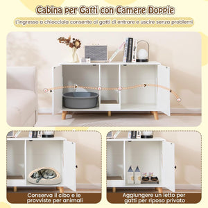 Lettiera Chiusa per Gatti 108 x 50 x 60 cm, Mobile per Lettiera Nascosta per Gatti con 2 Tappetini in Sisal e Ingresso a Forma di Testa di Gatto, Casetta per Animali Domestici (Bianco)