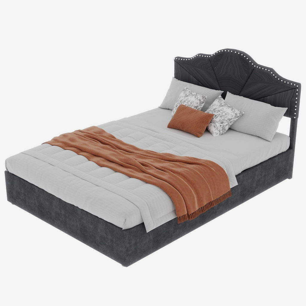 Letto Contenitore 160 x 200 cm con Testiera Geometrica e Rete a Doghe in Grigio