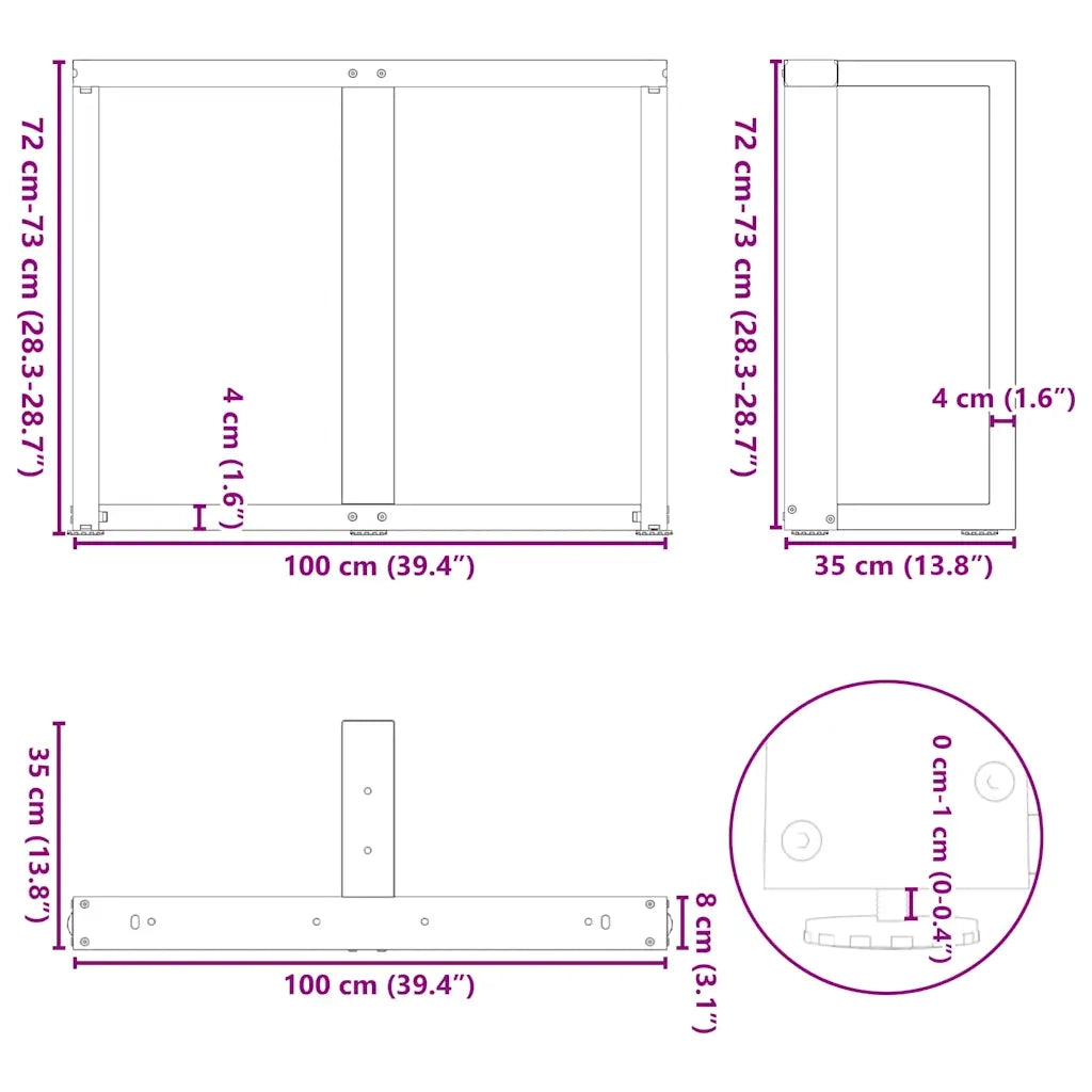 Gambe per tavolo da pranzo a forma di T 2 pz nere 100x35x(72-73) cm in acciaio