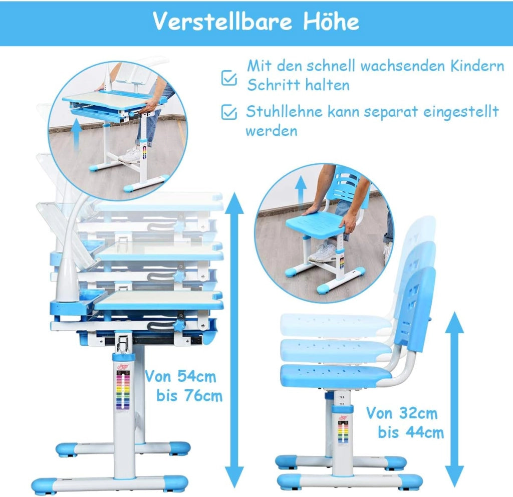 Set Scrivania e Sedia per Bambini 3-12 Anni, Altezza e Angolo Regolabile e Multifunzionale, Con Lampada di Protezione per gli Occhie Cornice per la Lettura (BLU)