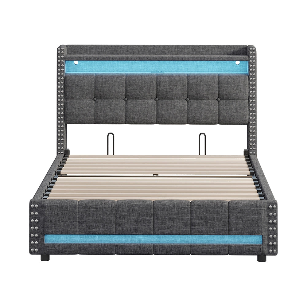 Letto imbottito 140x200 cm - Xylo - LED, USB, 4 cassetti grigio