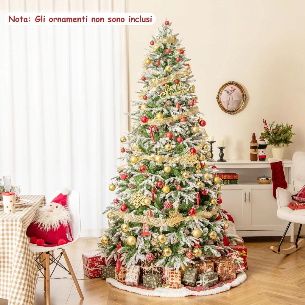 Albero di Natale Artificiale Pre-Luminoso 225 CM, Albero di Natale Innevato con 470 Luci LED Bianche Calde, 1135 Punte, 81 Pigne e Base Metallica (225 CM)