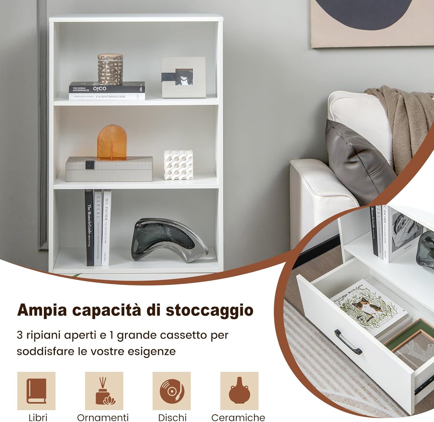 Libreria in Legno con Cassetto, Scaffale di Stoccaggio a 4 Livelli, Scaffale Espositivo per Casa Studio e Soggiorno, 60 x 38 x 120 cm (Bianco)