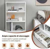 Libreria in Legno con Cassetto, Scaffale di Stoccaggio a 4 Livelli, Scaffale Espositivo per Casa Studio e Soggiorno, 60 x 38 x 120 cm (Bianco)