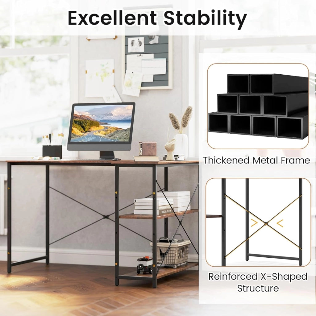 Scrivania a forma di L da 118 cm, tavolo per computer con ripiano reversibile, scrivania ad angolo moderno con ripiano regolabile, per studio, ufficio, marrone