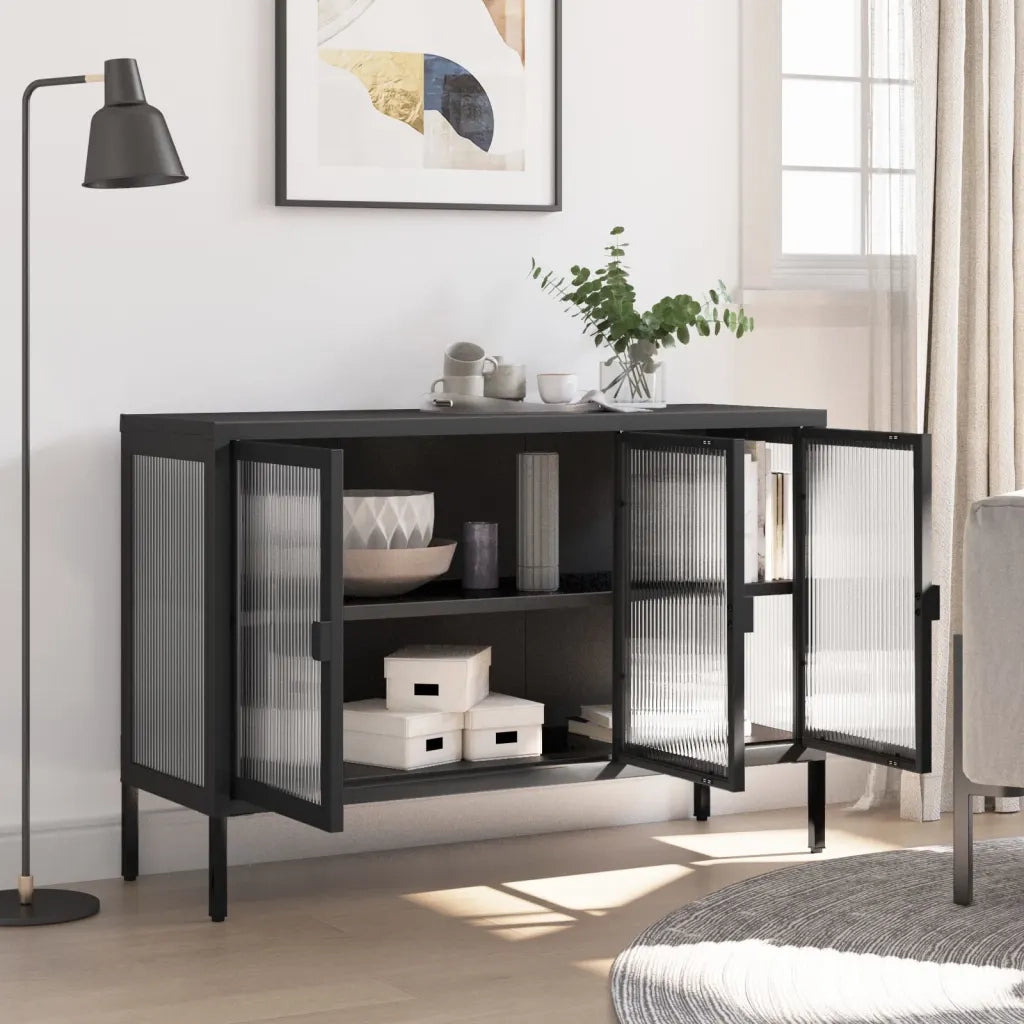 Credenza-Buffet-Armadio da cucina Nera 105x35x70 cm Vetro e Acciaio