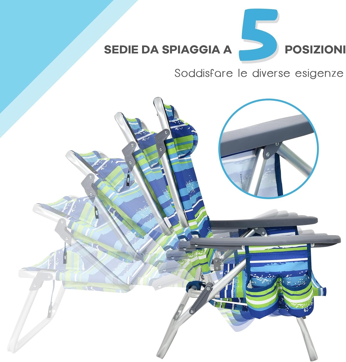 Set di Sedie da Spiaggia e Tavolino, Sedie da Esterno Reclinabili con Tavolino da Campeggio, Set di Tavolino in Alluminio e 2 Sedie Pieghevoli da Spiaggia a 5 Posizioni (Blu+Verde)