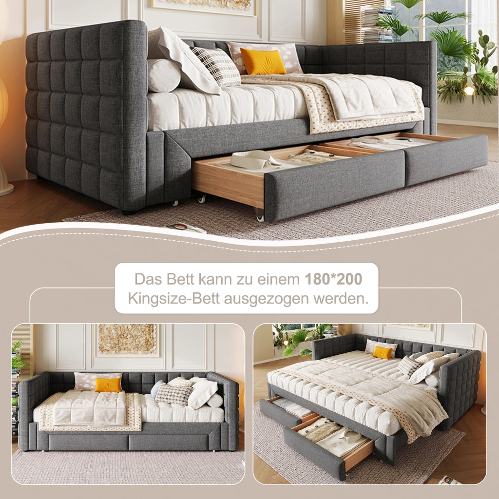 Letto estraibile singolo 90×200 cm con 2 cassetti; senza materasso; velluto; grigio
