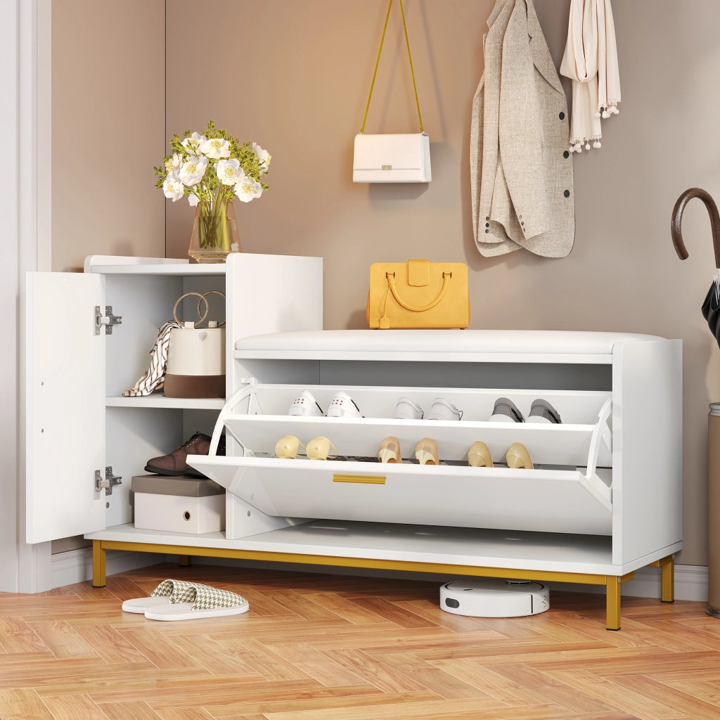 Scarpiera con panca imbottita 100x38x68 cm; bianco e oro