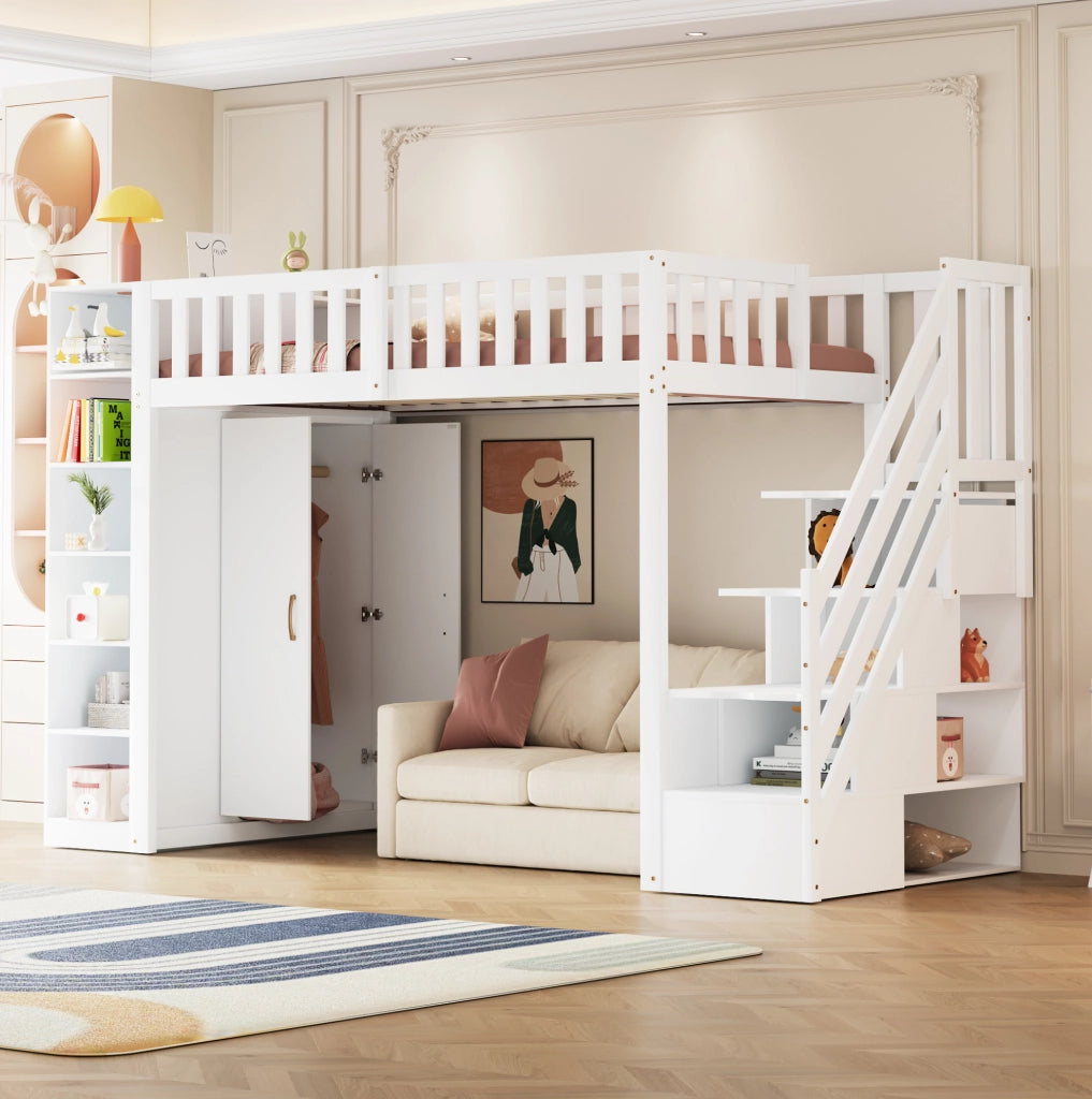 Letto a soppalco ULEVR 90x200 cm con armadio, scala con cassetti e ripiani, bianco