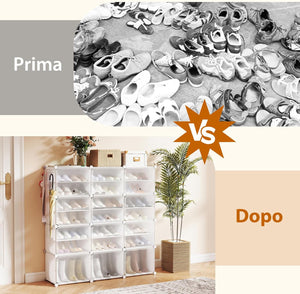 Scatole per Scarpe, Set di 12 Organizzatori Porta Scarpe Impilabili, Contenitore per Scarpe in PP Trasparente, per Ingresso, Corridoio e Armadio, Nero (Bianco)