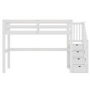 Letto a soppalco singolo 90×200 cm con cassetti; scrivania e scala con vani; senza materasso; bianco