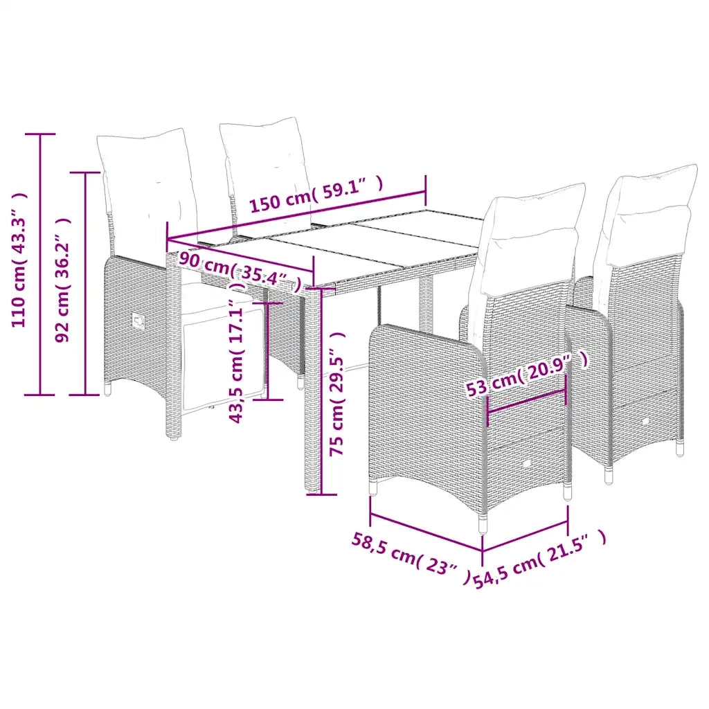 Set BistrÃ² da Giardino 5 pz con Cuscini in Polyrattan Grigio
