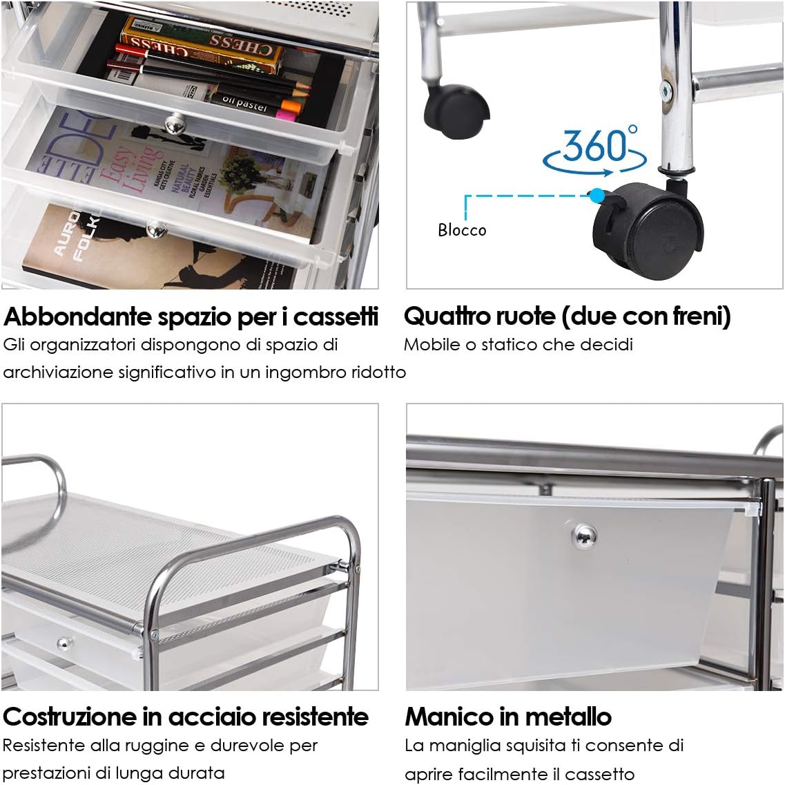 Carrello con 15 Cassetti Impilabili, Carrello di Stoccaggio con Ruote, Carello Portaoggetti per Casa e Ufficio, 62,5 x 37 x 87 cm (Chiara)