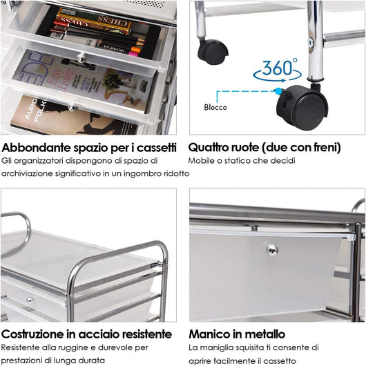 Carrello con 15 Cassetti Impilabili, Carrello di Stoccaggio con Ruote, Carello Portaoggetti per Casa e Ufficio, 62,5 x 37 x 87 cm (Chiara)