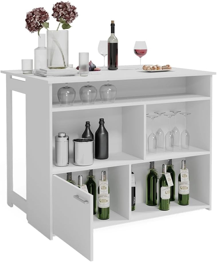 Tavolo bar alto Dominic, Bianco, 116 x 37 cm 4x scomparti aperti e 1x porta, piano del tavolo pieghevole per un utilizzo flessibile in spazi ridotti