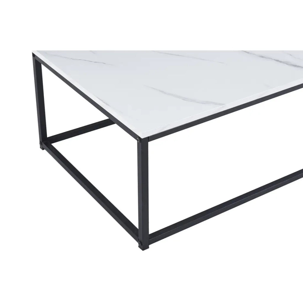 Tavolino basso EWING – Effetto marmo bianco e metallo nero – Design rettangolare