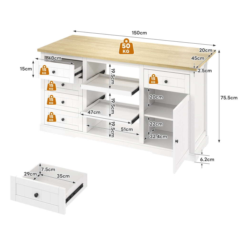 Credenza da Cucina con 5 Cassetti; 2 Ripiani Estraibili; Piano Ribaltabile e Prese; 150x65x75;5 cm