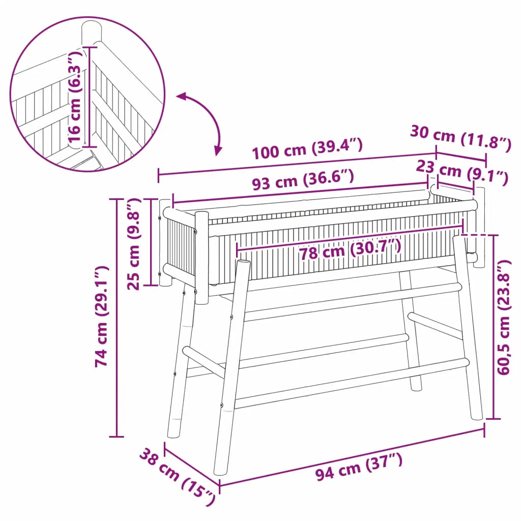Vaso da Giardino con Supporto Naturale 100 x 38 x 74 cm Bambù 42028230