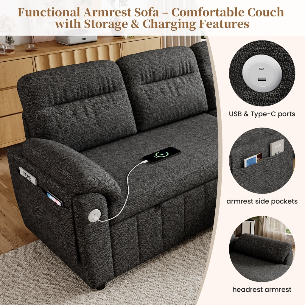 Divano angolare convertibile reversibile con letto estraibile contenitore e porte USB Type-C in ciniglia grigio