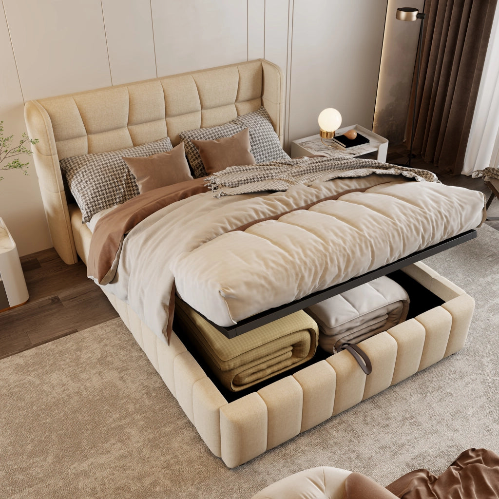 Letto contenitore 140 × 200 cm con vano sollevabile, senza materasso, in tessuto, beige