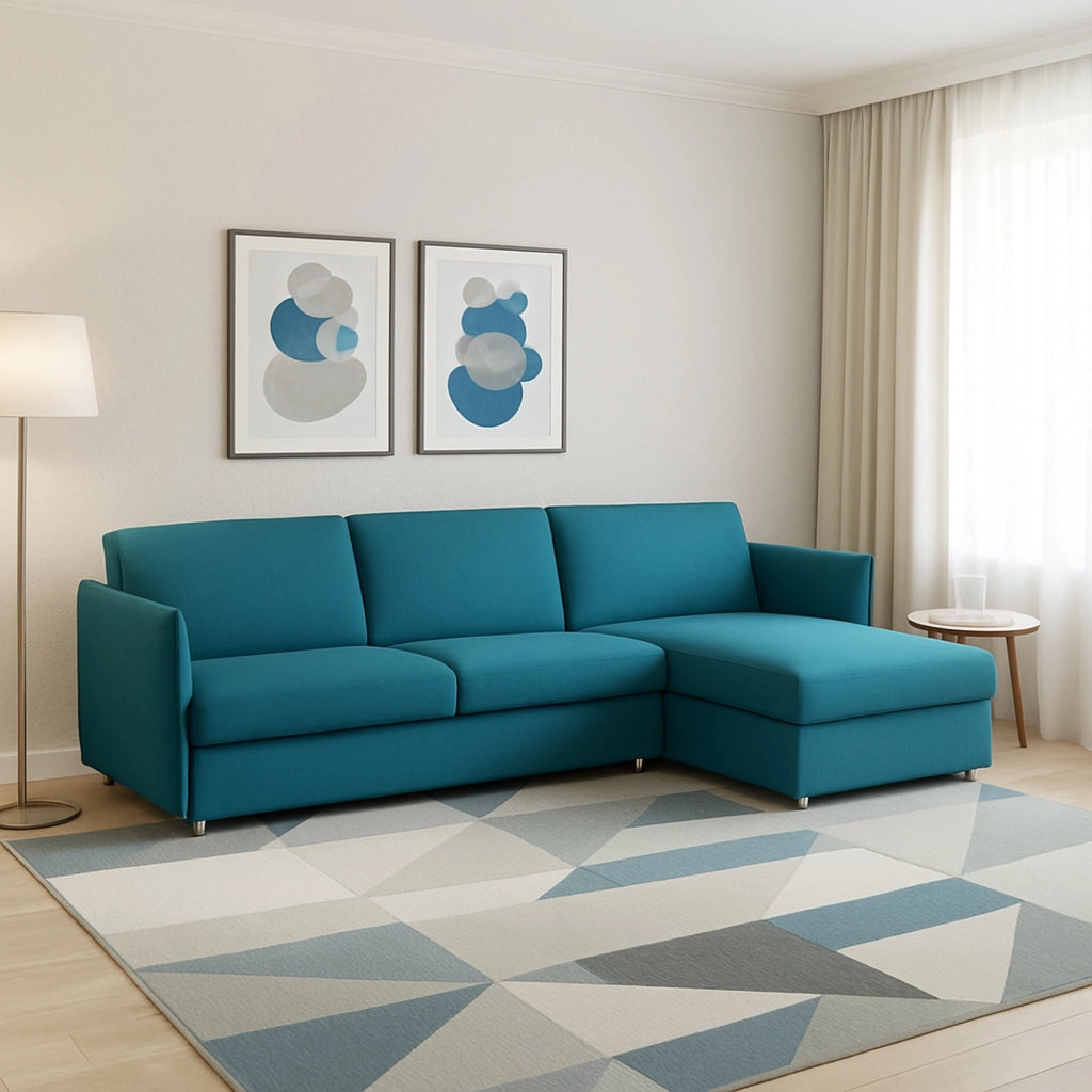 Posina, Divano Fisso con Penisola Sfoderabile Made in Italy, 260x160 cm Azzurro