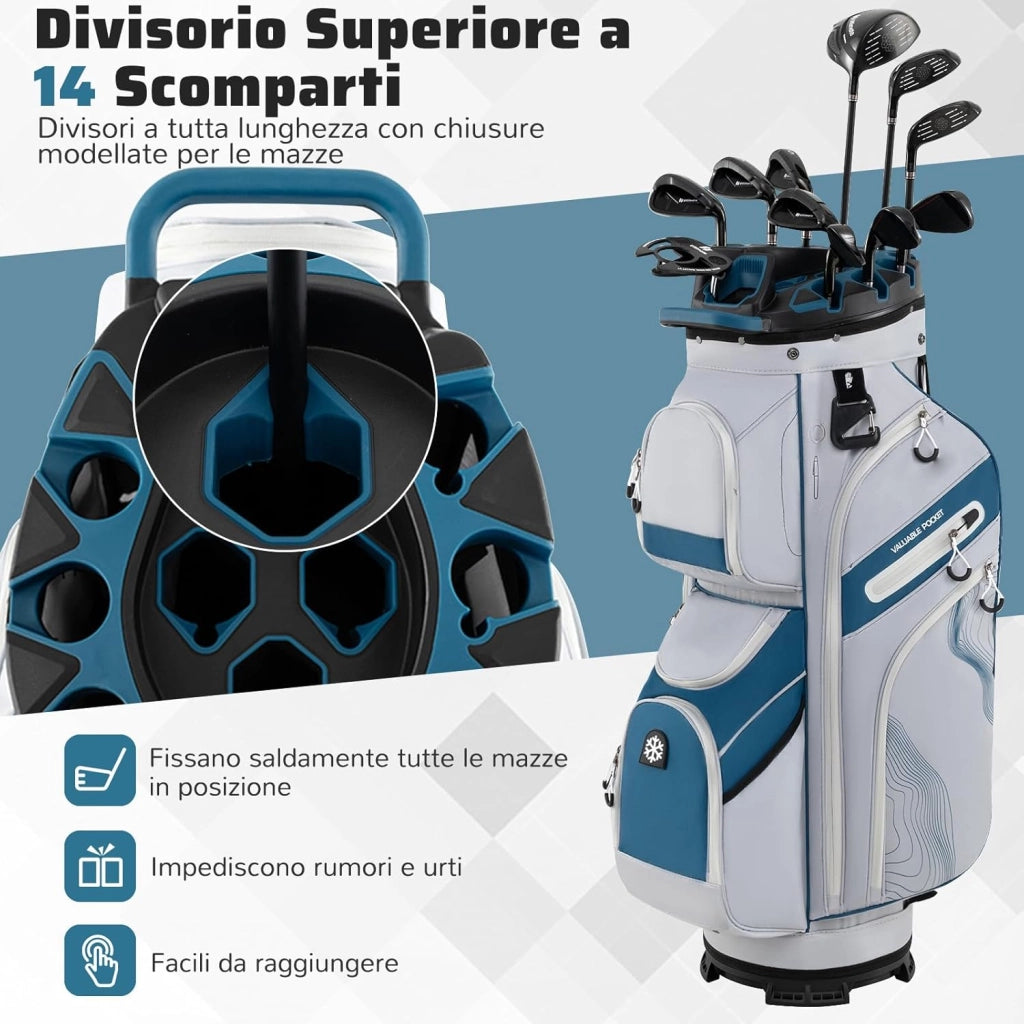 Borsa Carrello da Golf, Sacca da Golf con Serratura e Divisori a 14 Vie, 11 Tasche, Sacca Isolante, Tracolla Imbottita, Maniglie, Porta Ombrello e Cappuccio Antipioggia