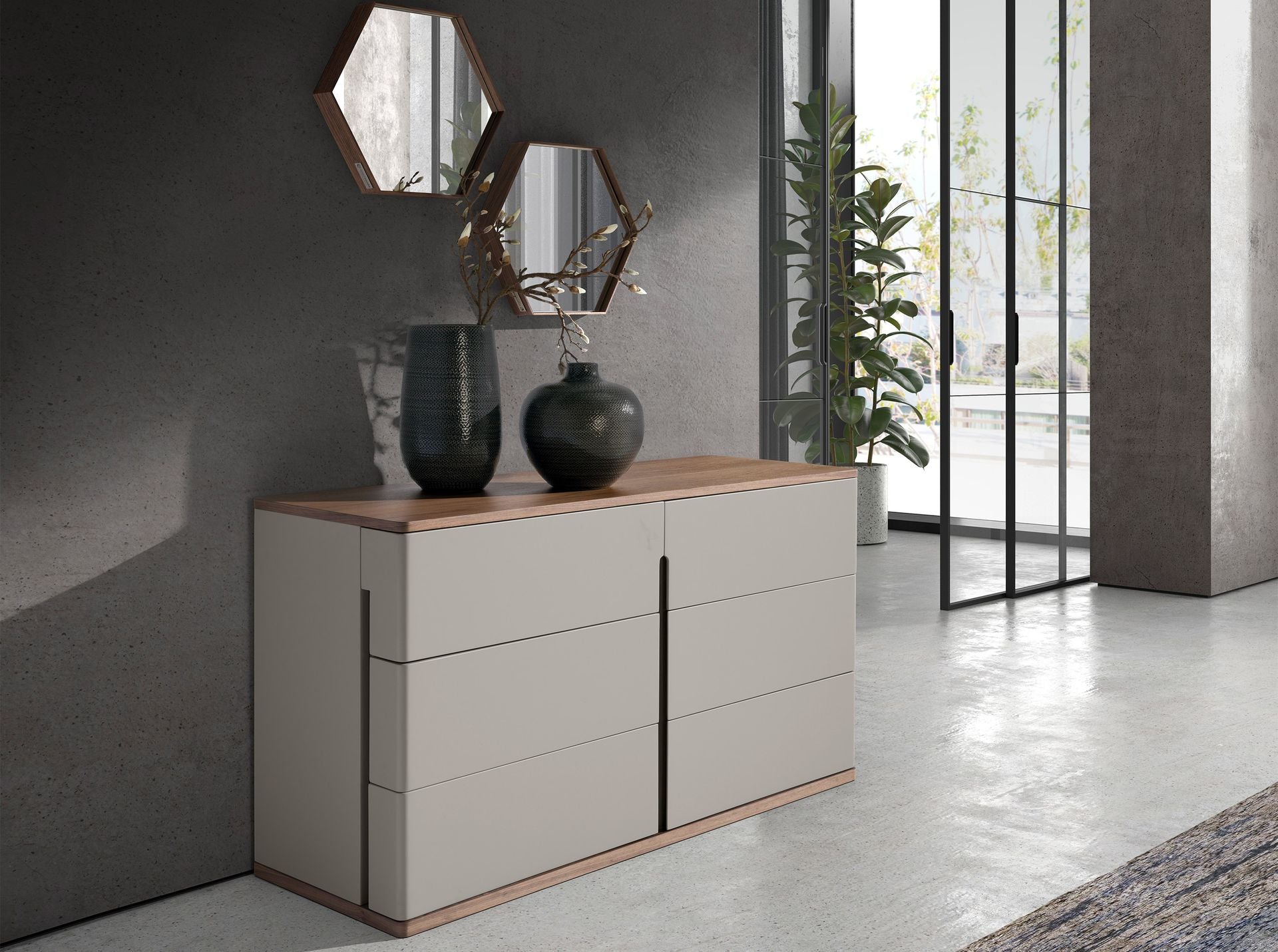 Cassettiera in legno grigio e noce