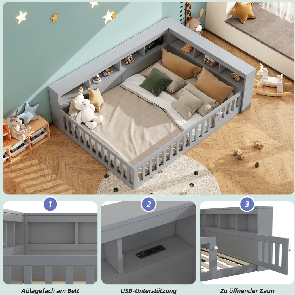Daybed 140x200 cm grigio con USB, presa, vano e rete a doghe