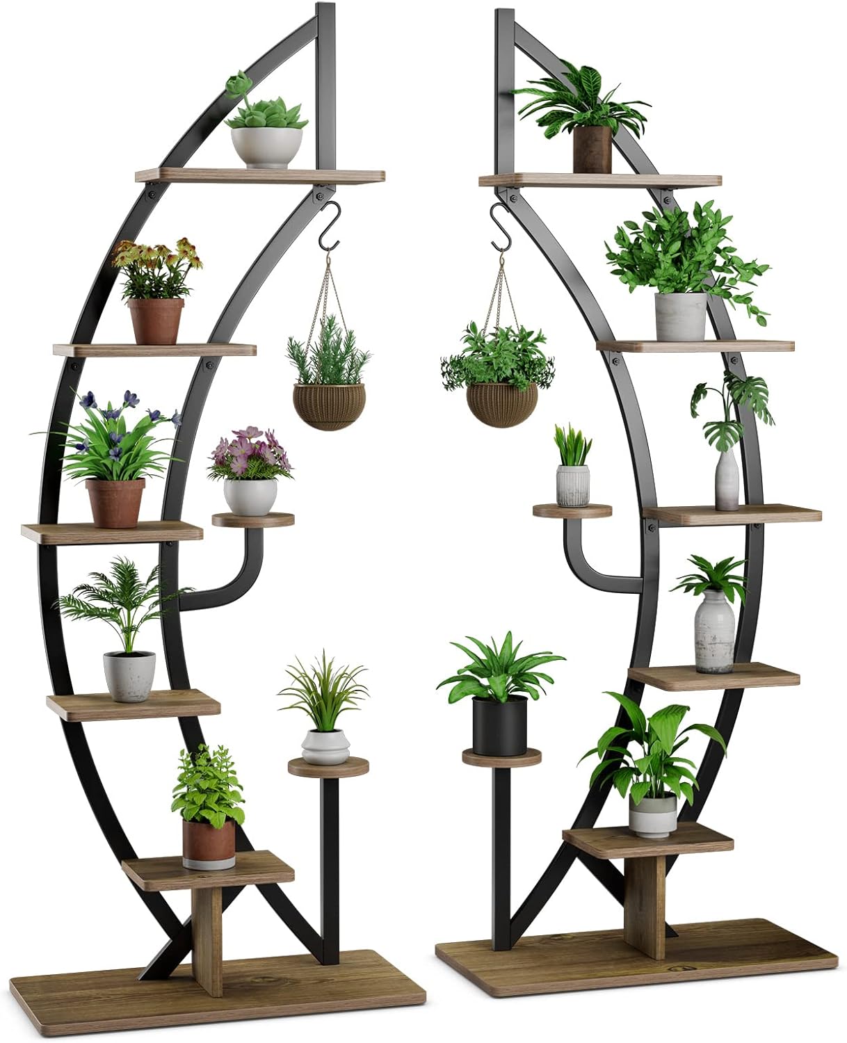 Scaffale per Piante a 7 Livelli, Scaffale a Forma di Mezza Luna con Gancio e Dispositivo Antiribaltamento, Porta Piante e Fiori per Interno, Balcone e Soggiorno, 60 x 30 x 155 cm (2 PEZZI)