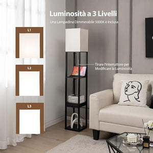 Lampada da Terra con Mensola, Cassetto e Porta USB, Lampadina 5000K LED Inclusa, 3 Regolazioni di Luminosità, Lampada a Stelo per Soggiorno e Camera da Letto