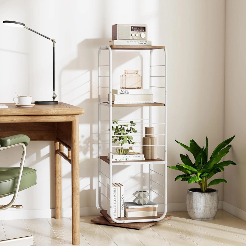 Libreria Verticale Girevole a 360° a 4 Ripiani, Scaffale Salvaspazio con Robusto Telaio in Metallo e Piedini Antiscivolo, Mobile Multifunzionale per Soggiorno e Studio (Bianco + Naturale)