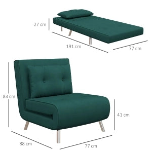 Fauteuil convertible 3 in 1 con schienale regolabile a 180° e cuscino, con gambe in acciaio, in poliestere verde scuro