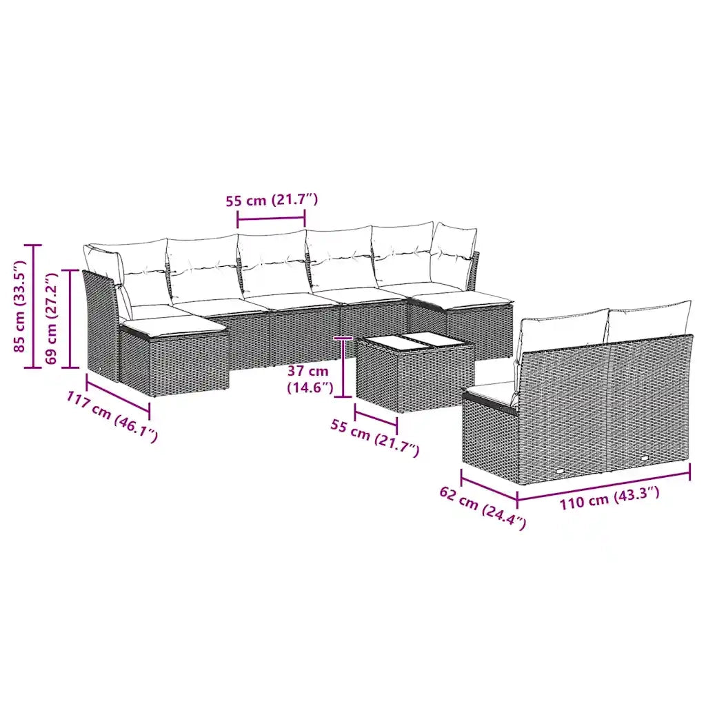 Set Divano Giardino 10 pz con Cuscini Grigio Chiaro Polyrattan