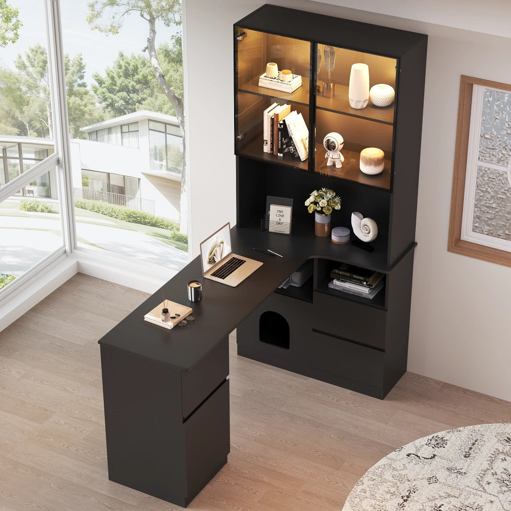 Scrivania angolare con vetrina LED, 3 cassetti, 2 ante e vani aperti, per studio, in MDF nero, 120 × 80 × 180 cm
