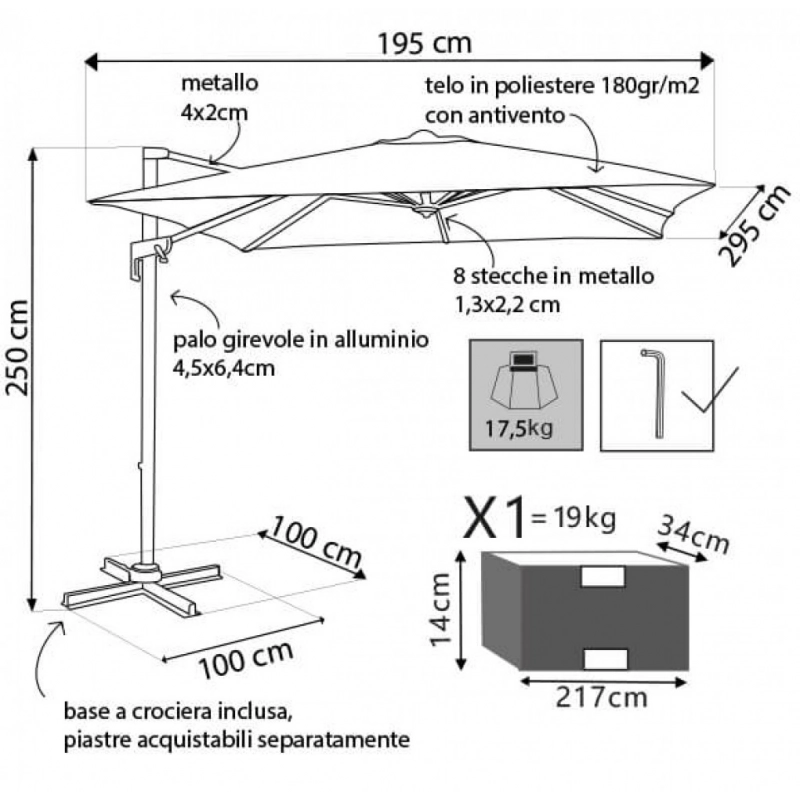 OMBRELLONE NEWTON NERO P/L 2 X 3 TELO ECRU