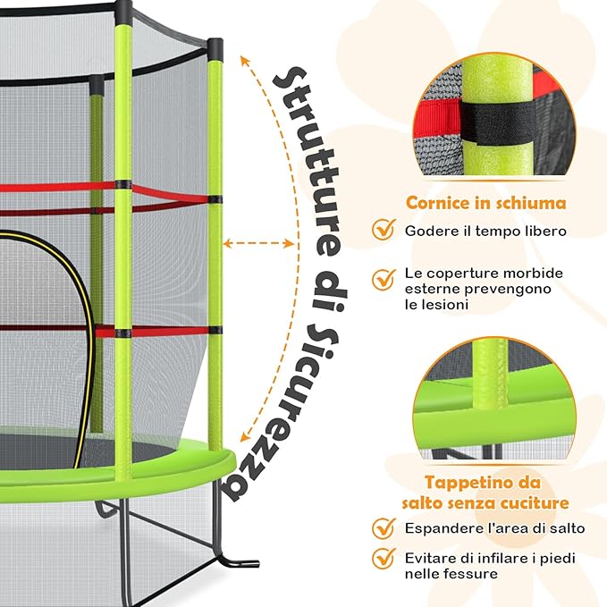 Trampolino Elastico Bambino in Acciaio, Tappeto Elastico Bambini da Esterno e da Interno, con Rete e Cusicnetti Antiscivolo