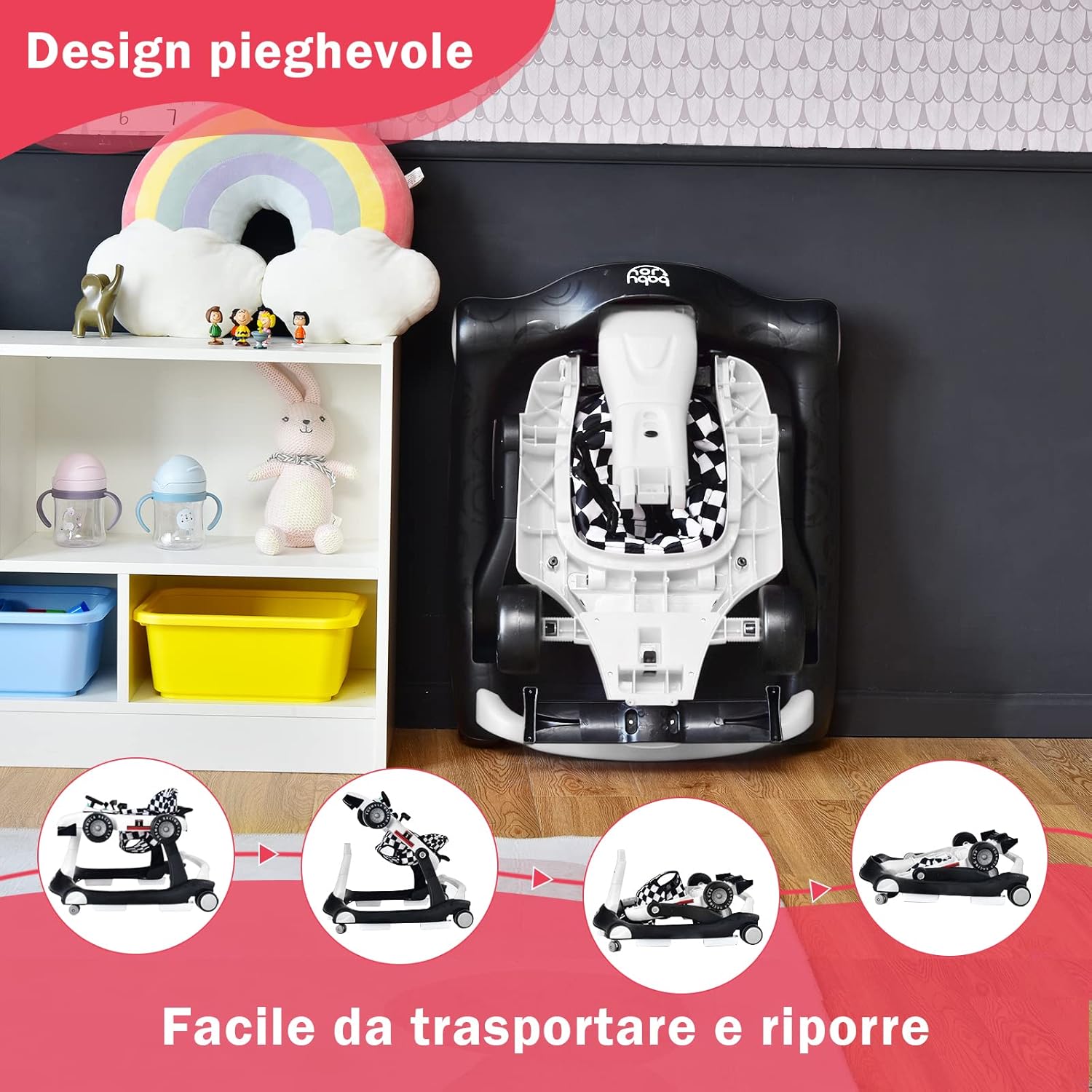 Girello per Bambini 4 in 1, Girello Pieghevole con Altezza e Velocità Regolabili, Carillon con Luci, Volante, Primi Passi per Bambini 6-18 Mesi, Portata 15 kg (Bianco)
