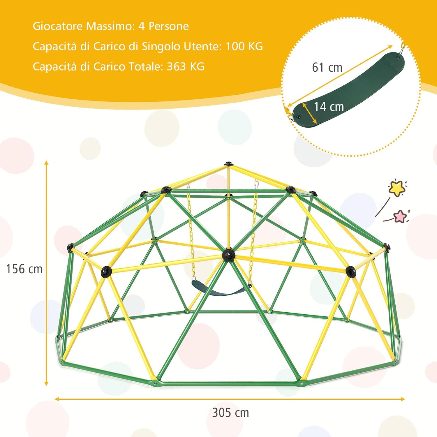 Cupola di Arrampicata con Altalena, Struttura per Arrampicata per Interno ed Esterno con Portata di 363 kg, Parco Giochi per Bambini da 3 a 10 Anni (Verde)