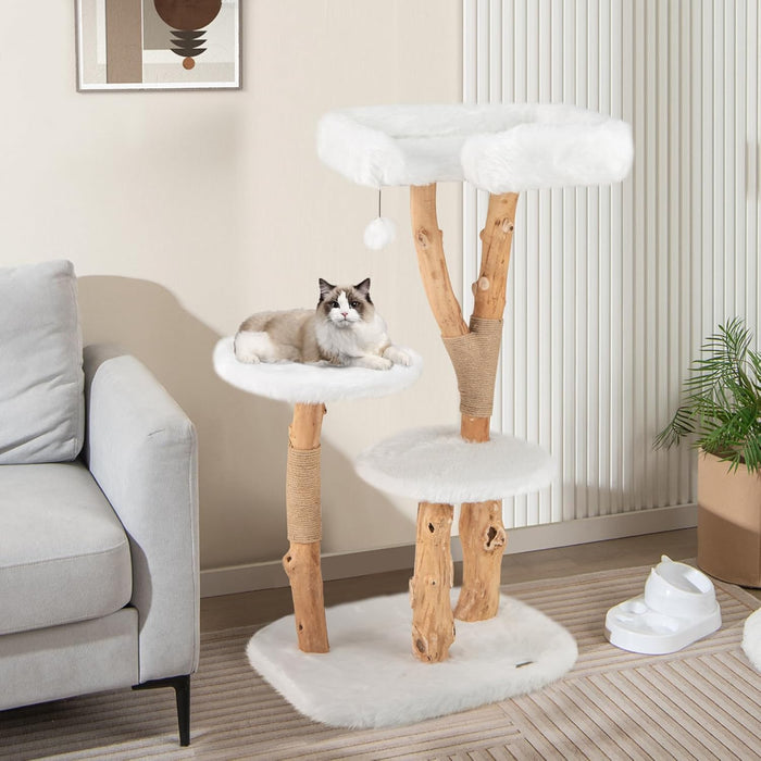 Tiragraffi per Gatti in Legno 110cm, Torre in Peluche Lunga per Animali Domestici con Pali in Corda di Juta Naturale e Palla Pendente, Albero Moderno per Gatti, Bianco e Naturale