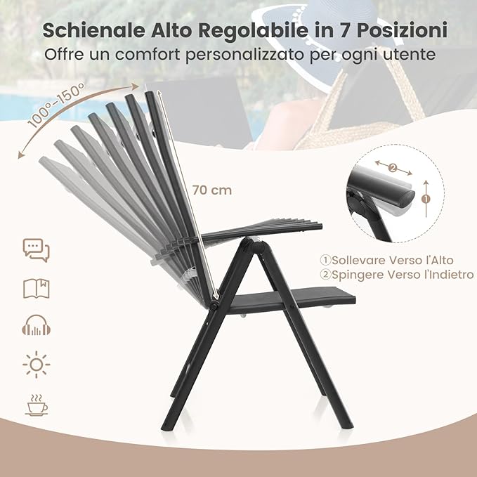Sedia da Giardino Pieghevole, Sedia Pieghevole in Tessuto Texlilene, Sedie Reclinabili con Schienale Regolabile a 7 Livelli, Nessun Montaggio, Portata 180 kg (Nero,2)