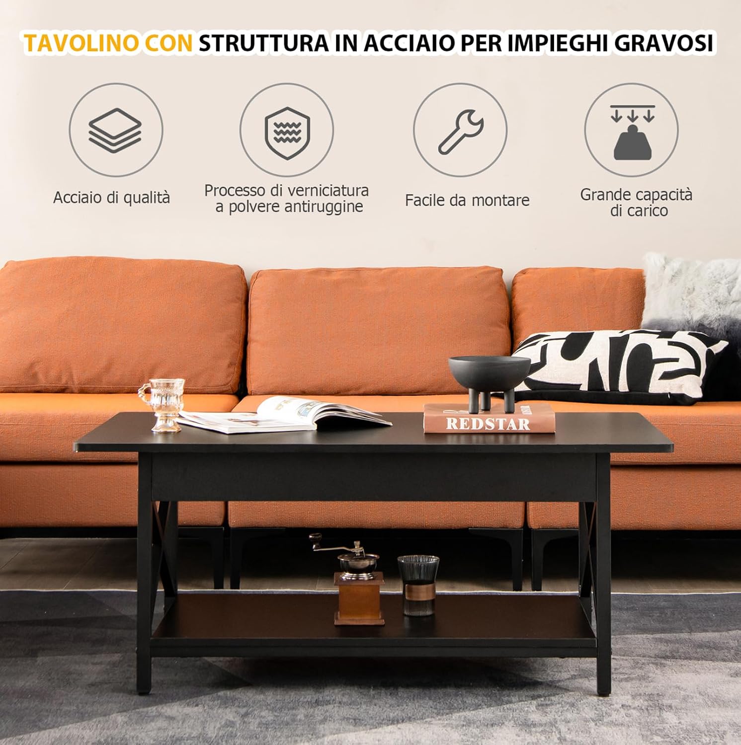 Tavolino da Salotto 2 Livelli, Tavolino da caffè Industriale con Struttura in Metallo a Forma di X, Tavolino Rettangolare per Soggiorno, Studio e Ufficio, 60 x 110 x 48 cm (Nero)