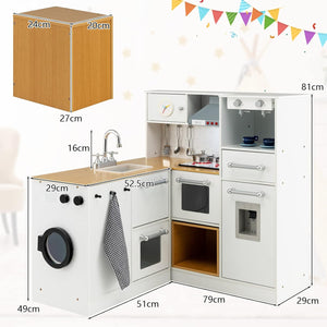 Cucina Giocattolo per Bambini, Cucina Legno per Bambini con Lavatrice, Macchina da Caffè, Forno, Microonde, Lavello e Rubinetto, Funzione Luci e Suoni, per Bambini 3+ Anni