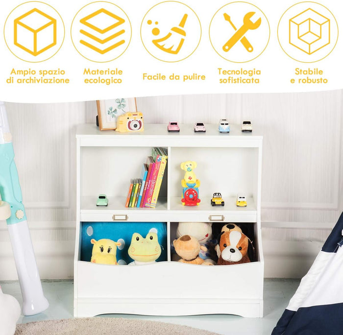 Scaffale Libreria Organizer Porta Giocattoli, con 2 Scomparti e 2 Contenitori, Libreria Multiuso con Pedana, per Camera dei Bambini, Bianco